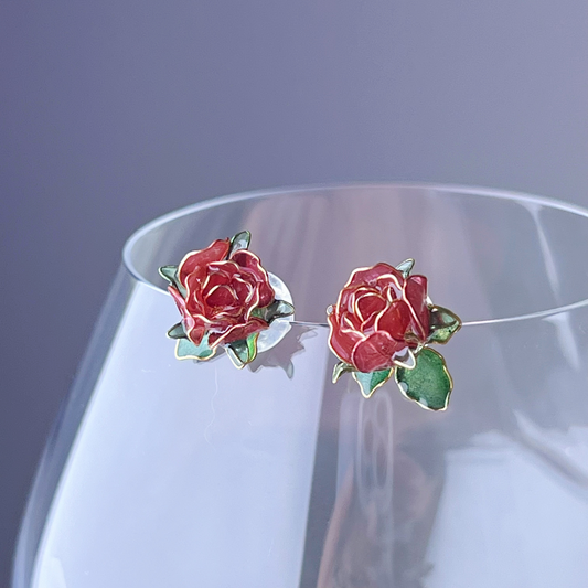 Handmade Dark Red Rose Flower and Leaves Stud Earrings-Ninaouity