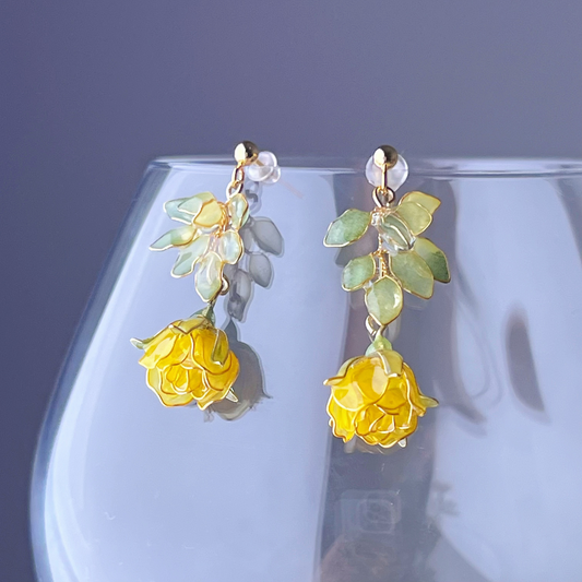 Handmade Yellow Rose Flower and Leaves Drop Earrings-Ninaouity