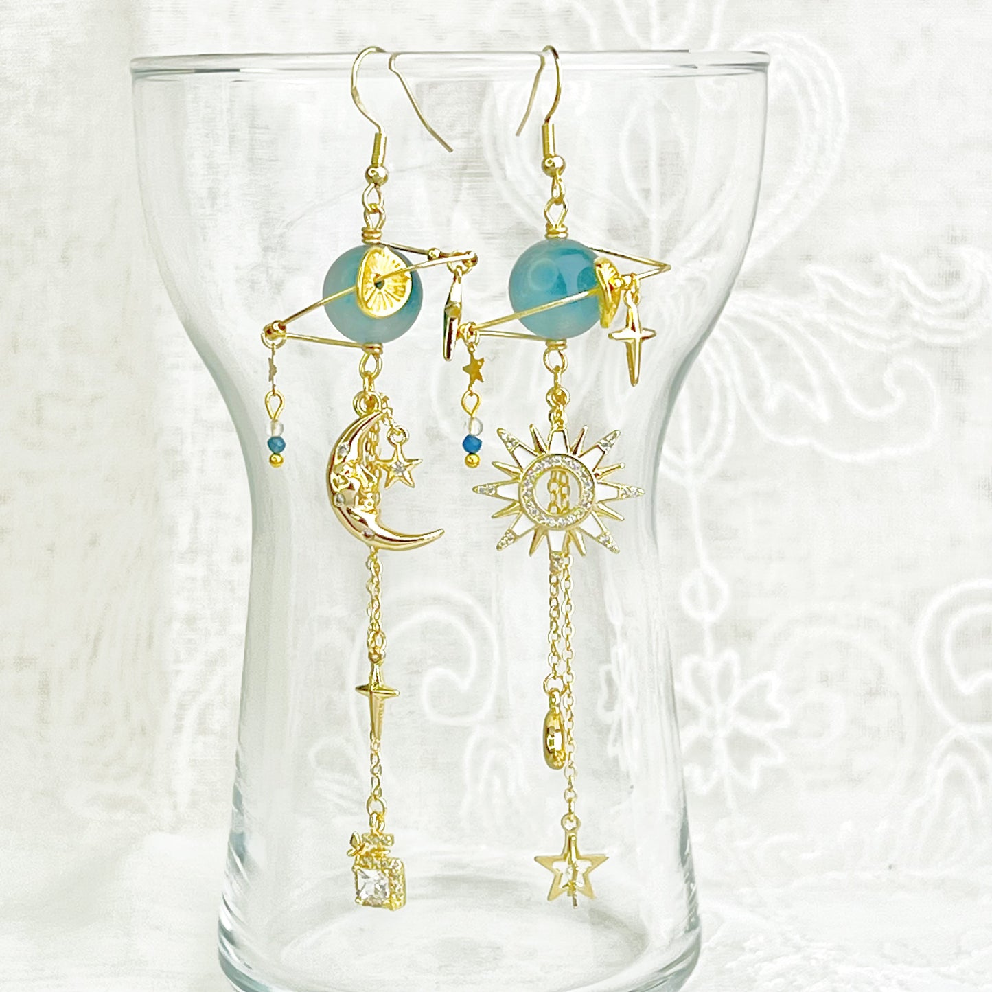 Blue Jadeite Stone Planet Moon and Star Earrings-Ninaouity