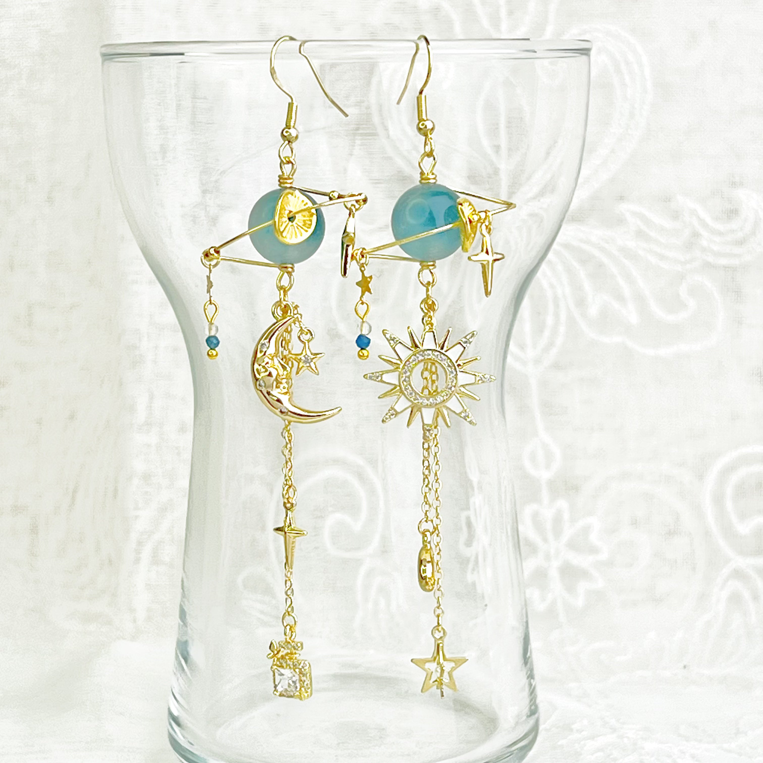 Blue Jadeite Stone Planet Moon and Star Earrings
