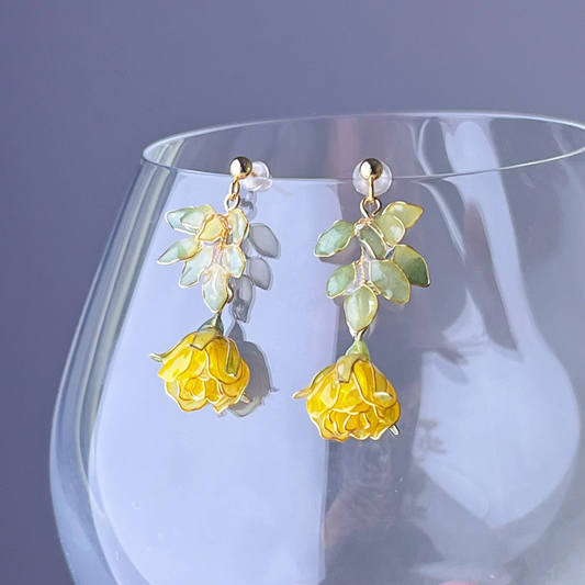 Handmade Yellow Rose Flower and Leaves Drop Earrings-Ninaouity