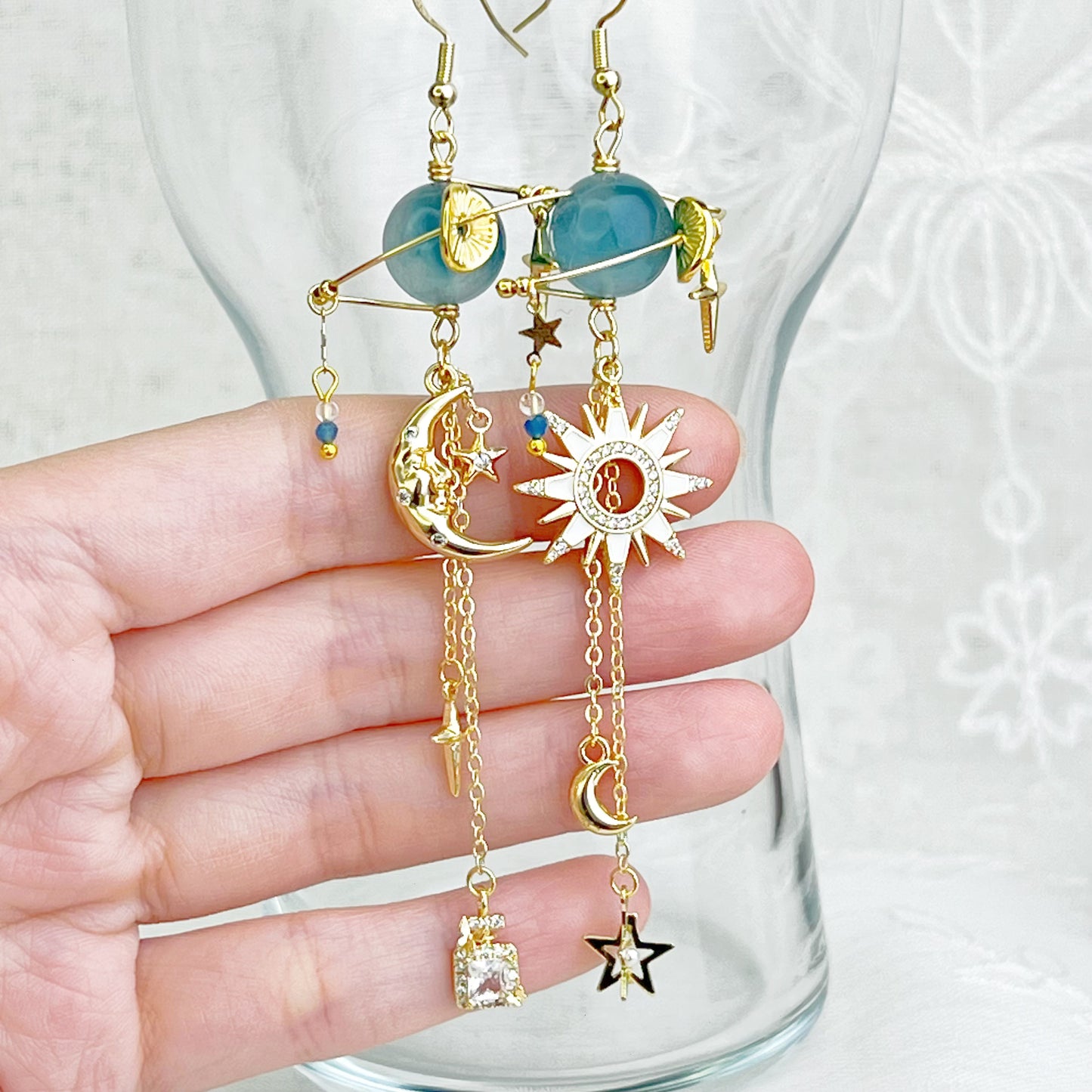 Blue Jadeite Stone Planet Moon and Star Earrings-Ninaouity