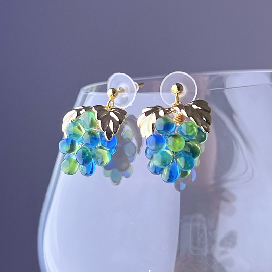 Blue and Green Grapes with Gold Leaf Earrings-Ninaouity