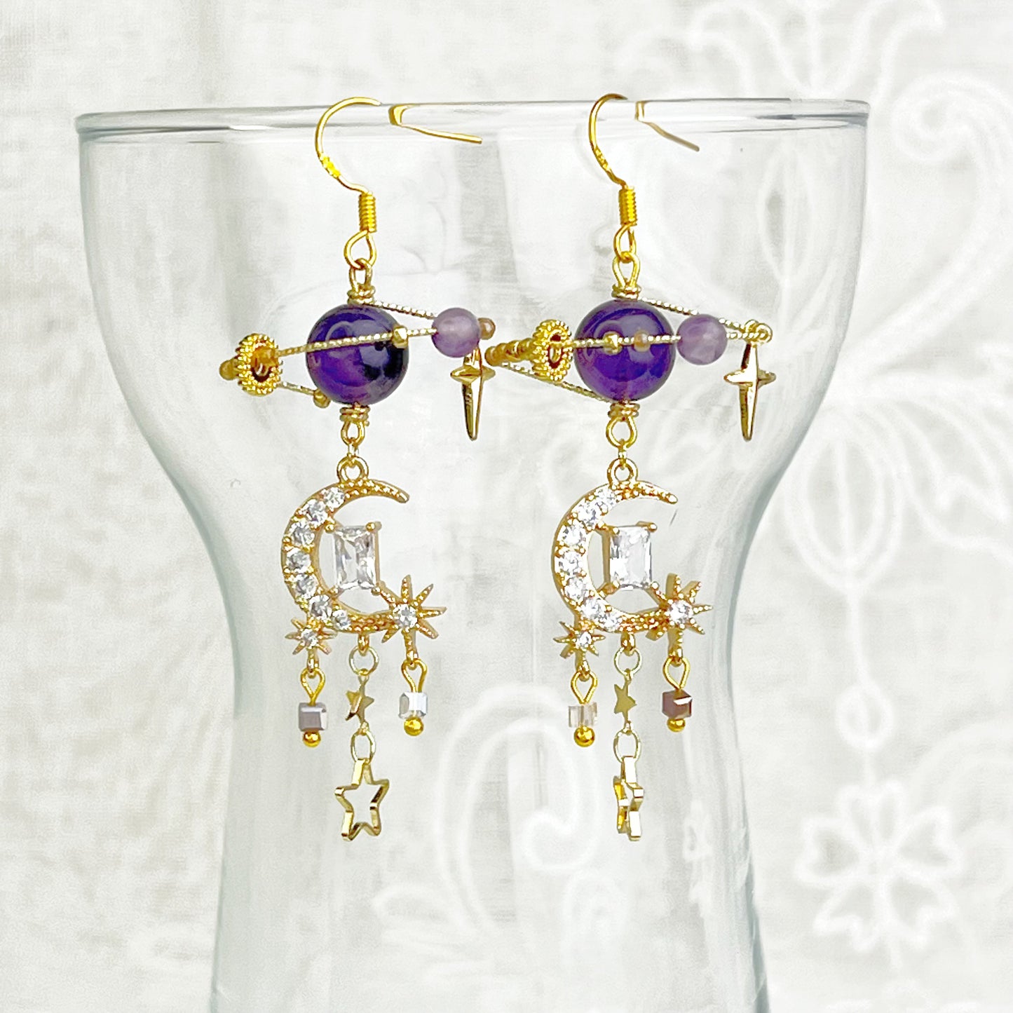 Amethyst Planet Crescent Moon Earrings-Ninaouity