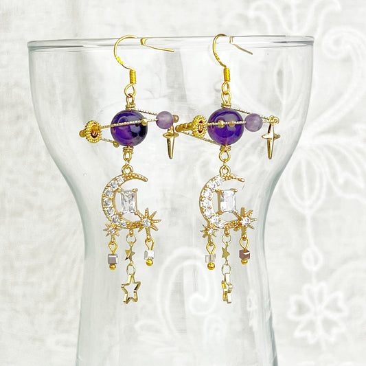 Amethyst Planet Crescent Moon Earrings-Ninaouity