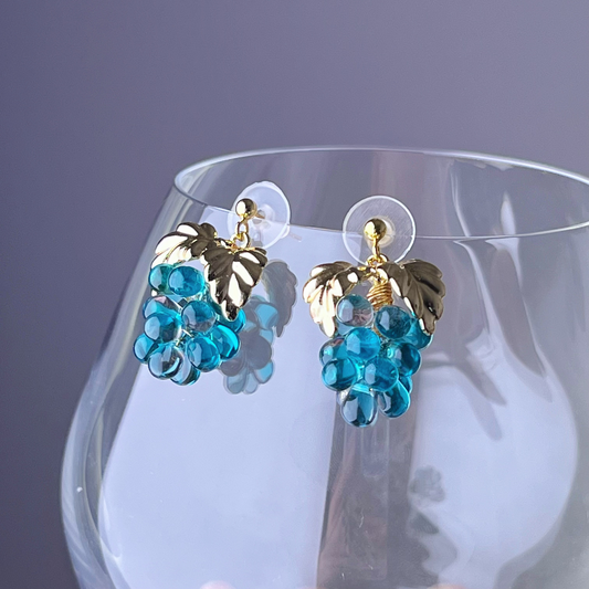 Blue Grapes with Gold Leaf Earrings-Ninaouity