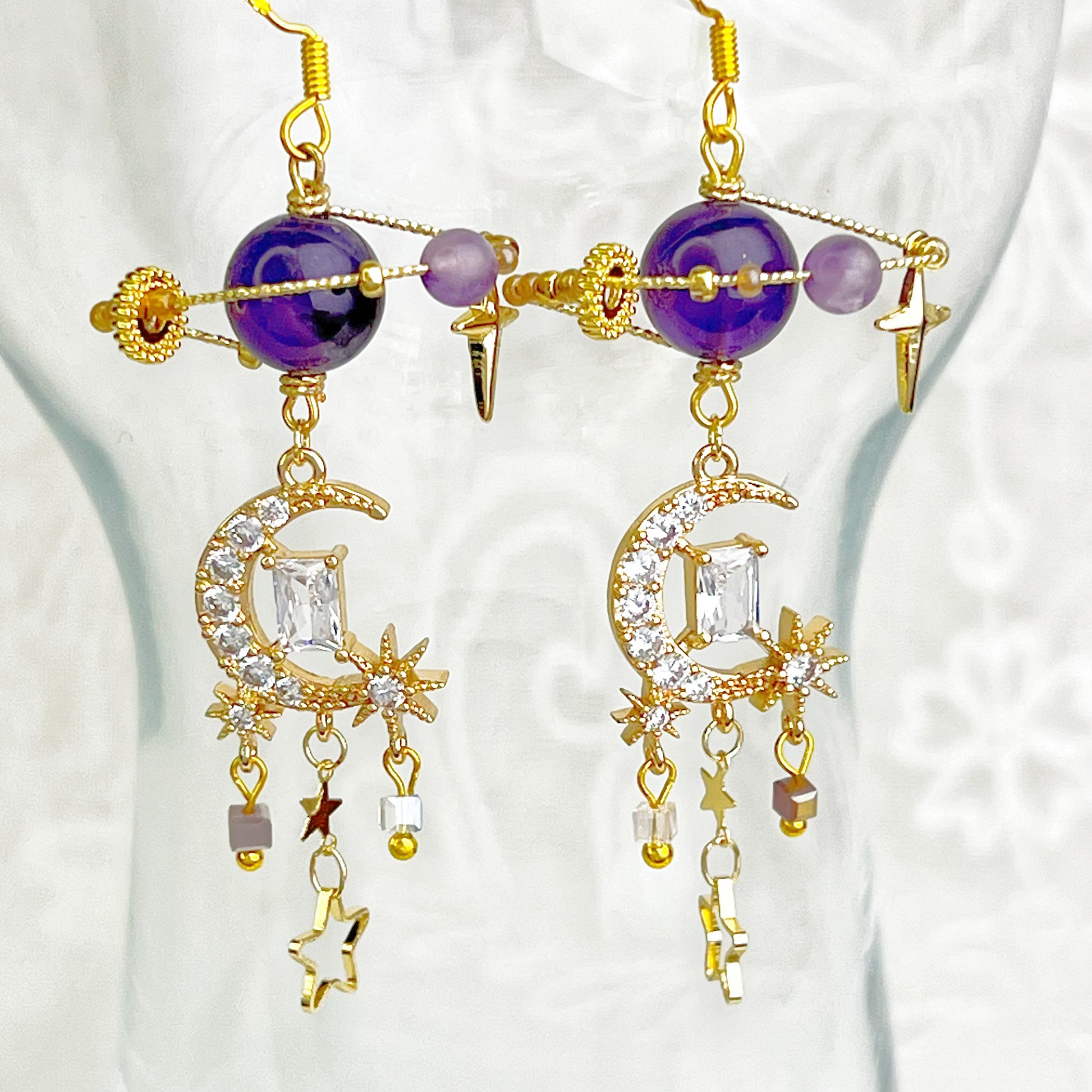 Amethyst Planet Crescent Moon Earrings-Ninaouity