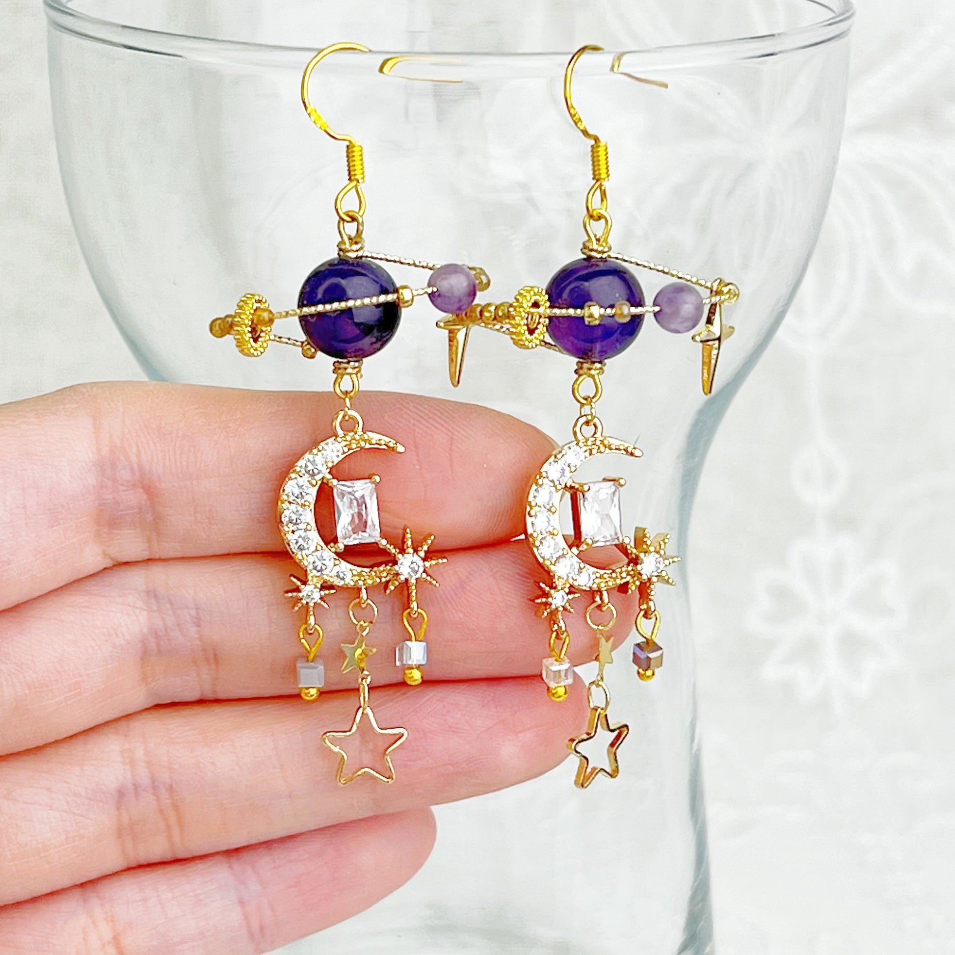 Amethyst Planet Crescent Moon Earrings-Ninaouity