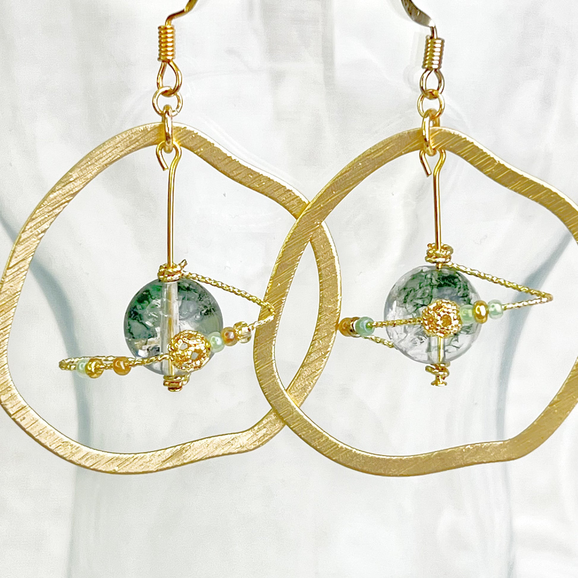 Green Phantom Quartz Planet and Frame Earrings-Ninaouity