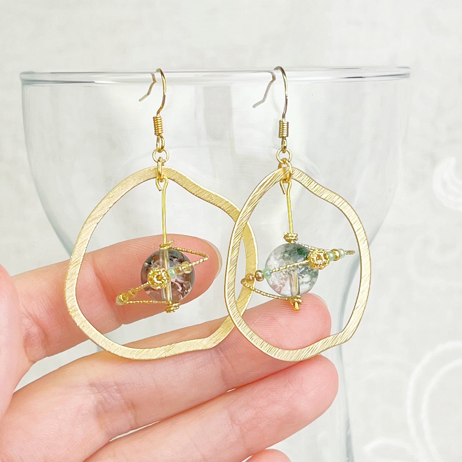 Green Phantom Quartz Planet and Frame Earrings-Ninaouity