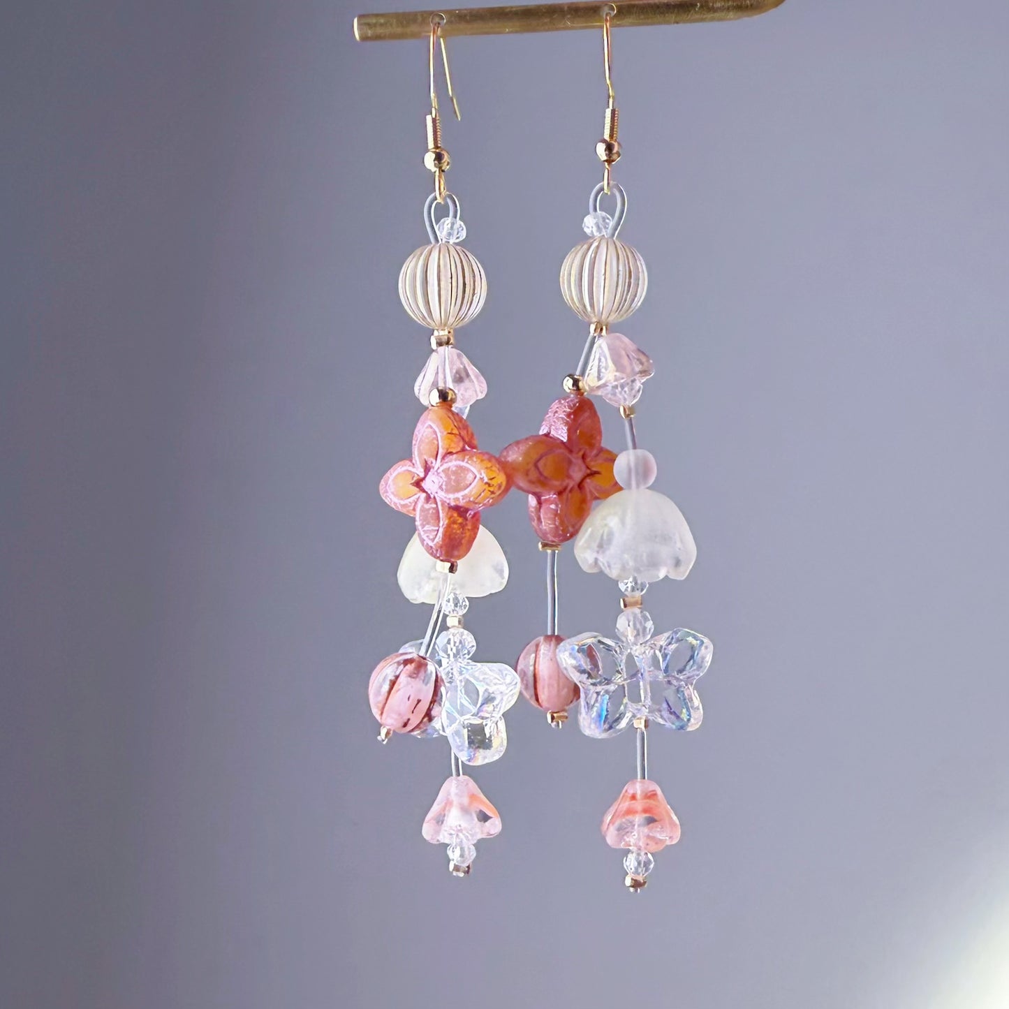 Handmade Pink Flowers and Butterfly Glass Beads Earrings