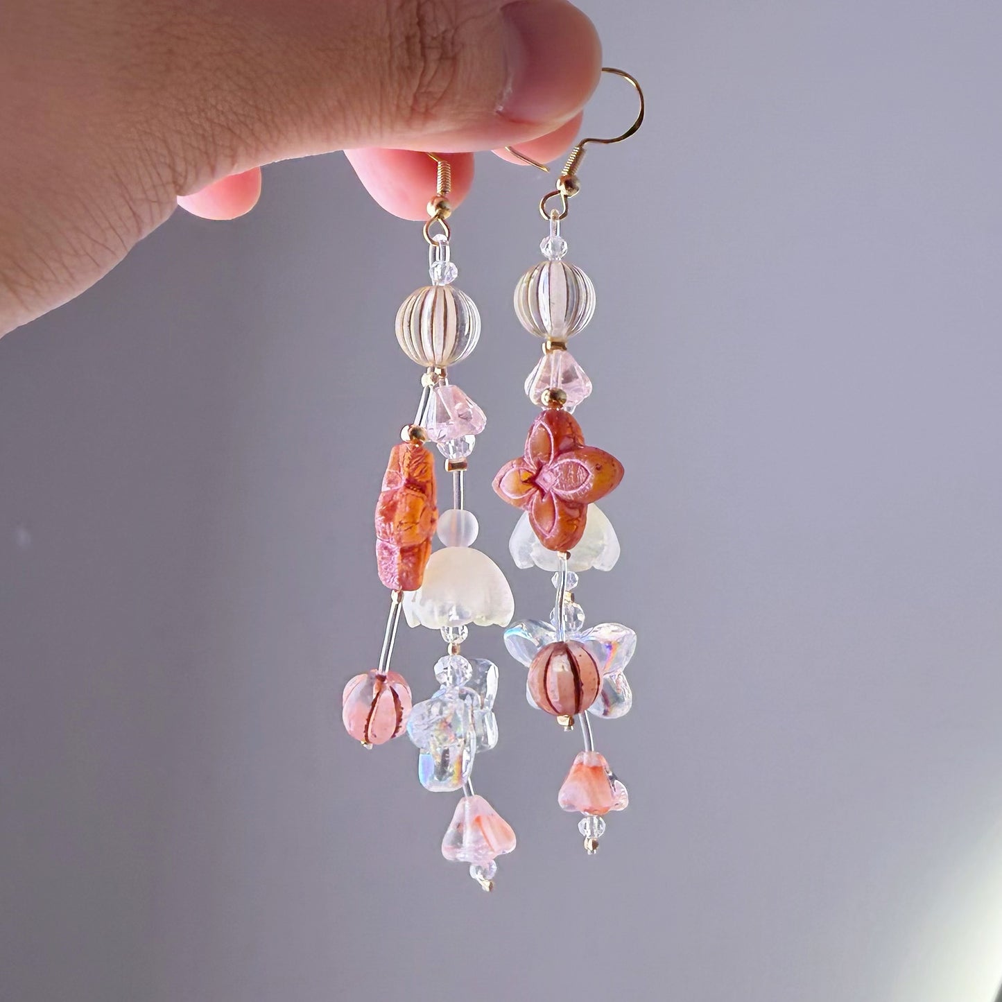 Handmade Pink Flowers and Butterfly Glass Beads Earrings