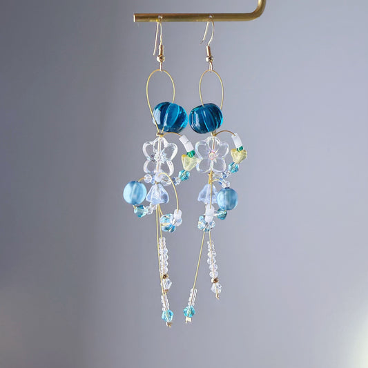 Handmade Blue Flowers Glass Beads Drop Earrings