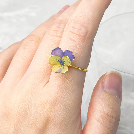 Handmade Spring Purple and Yellow Pansy Flower Ring-Ninaouity