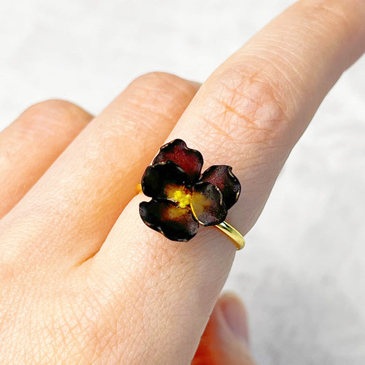 Handmade Spring Black Velvet Pansy Flower Ring-Ninaouity