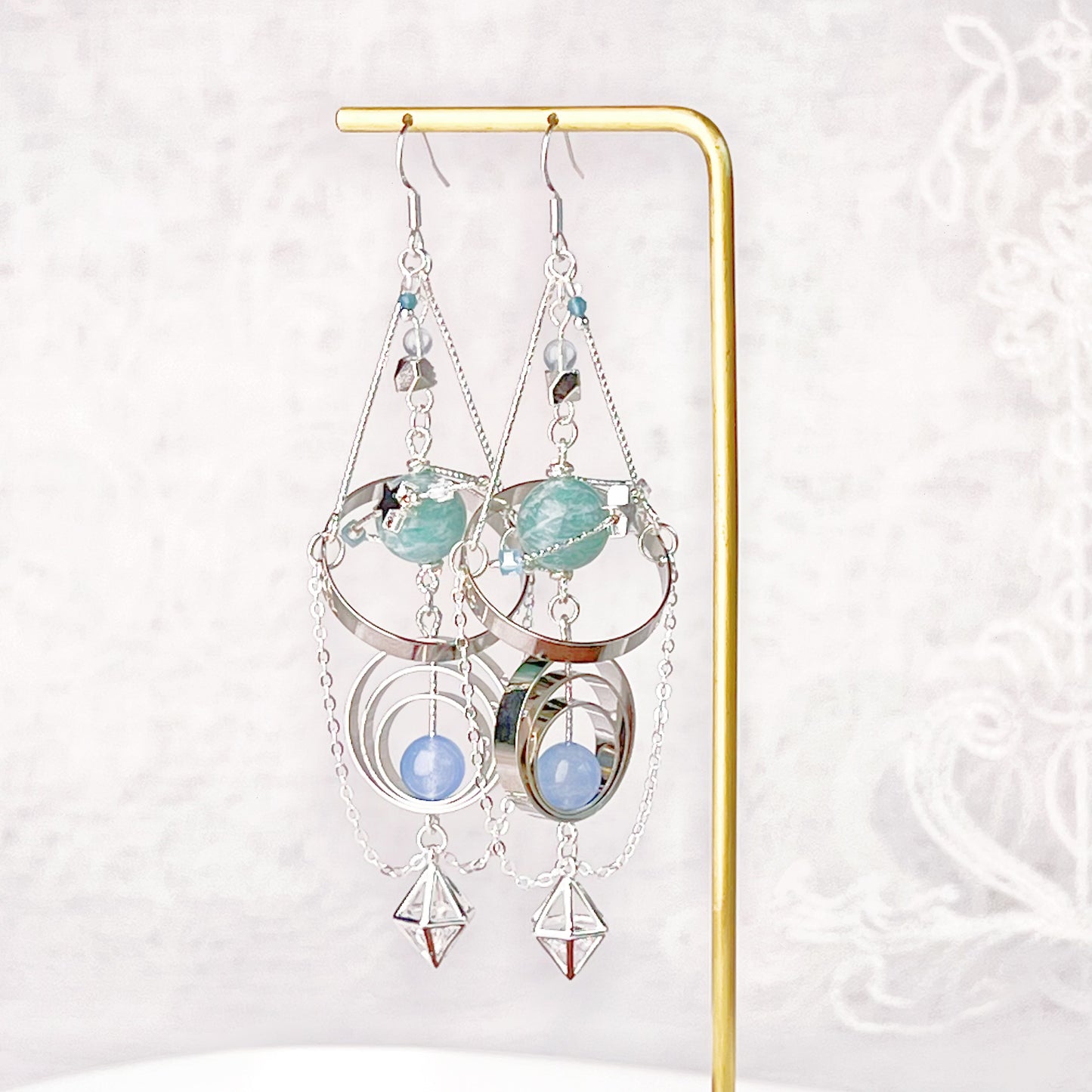 Silver Solar System Natural Amazonite Stone Planet Earrings-Ninaouity