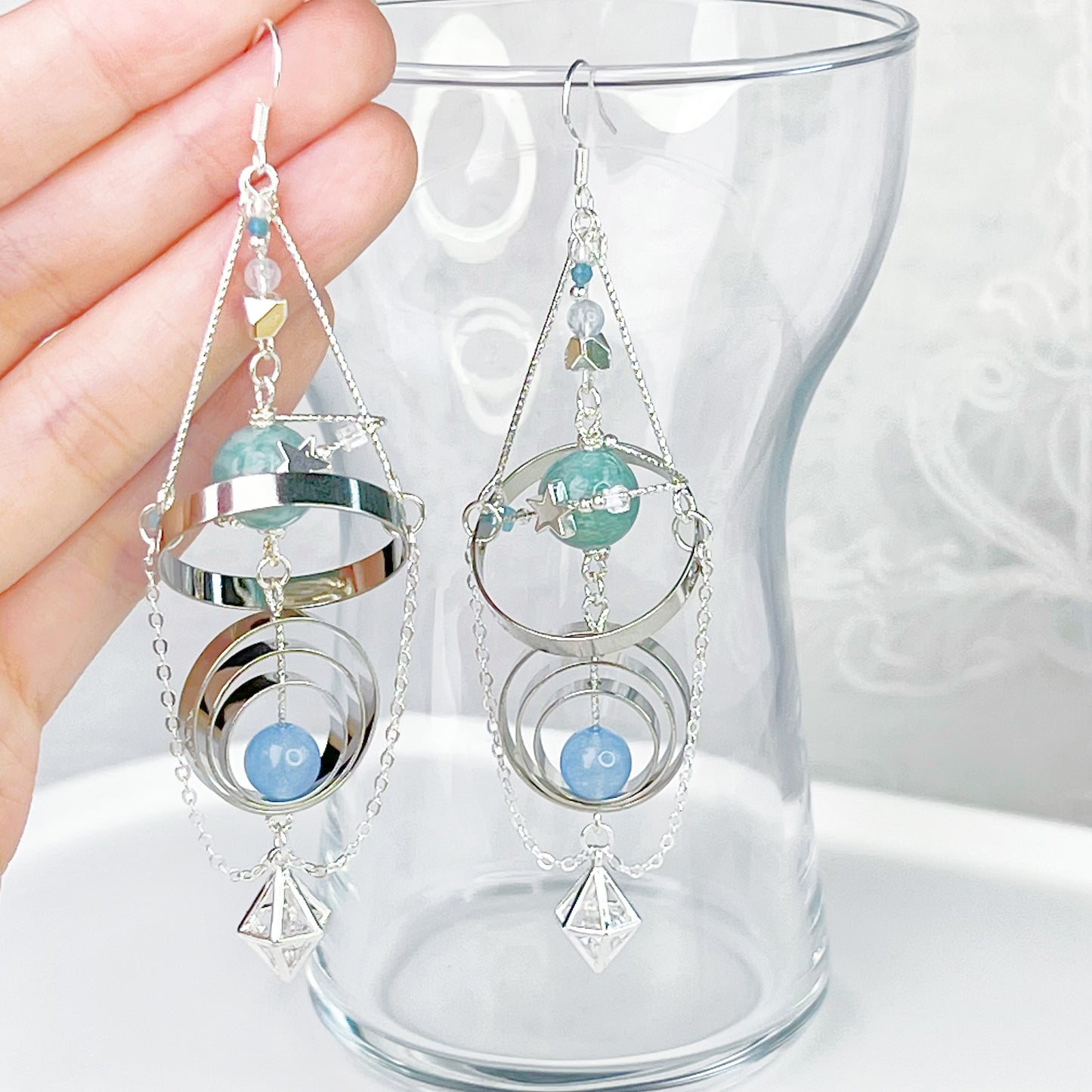 Silver Solar System Natural Amazonite Stone Planet Earrings-Ninaouity