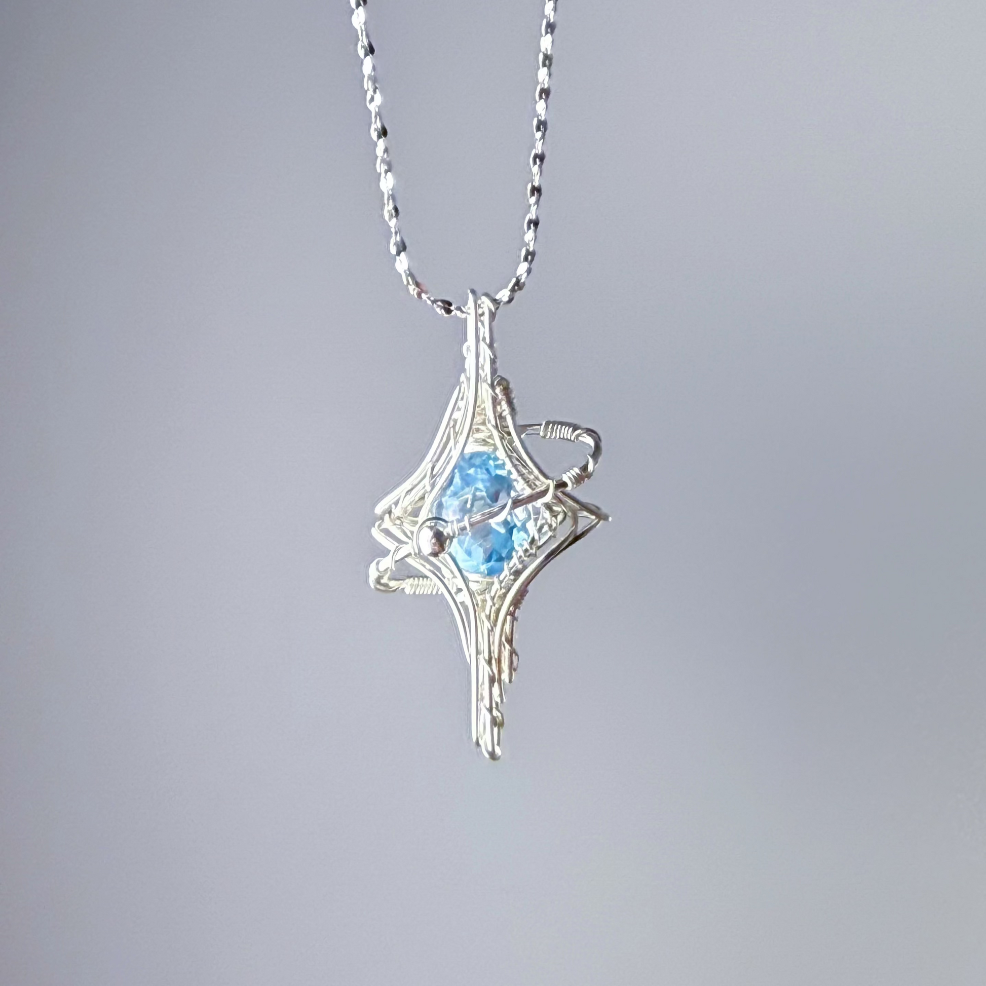 Silver Pole Star and Blue Topaz Wire Wrap Necklace-Ninaouity