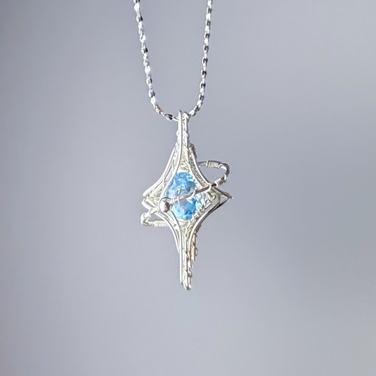 Silver Pole Star and Blue Topaz Wire Wrap Necklace-Ninaouity