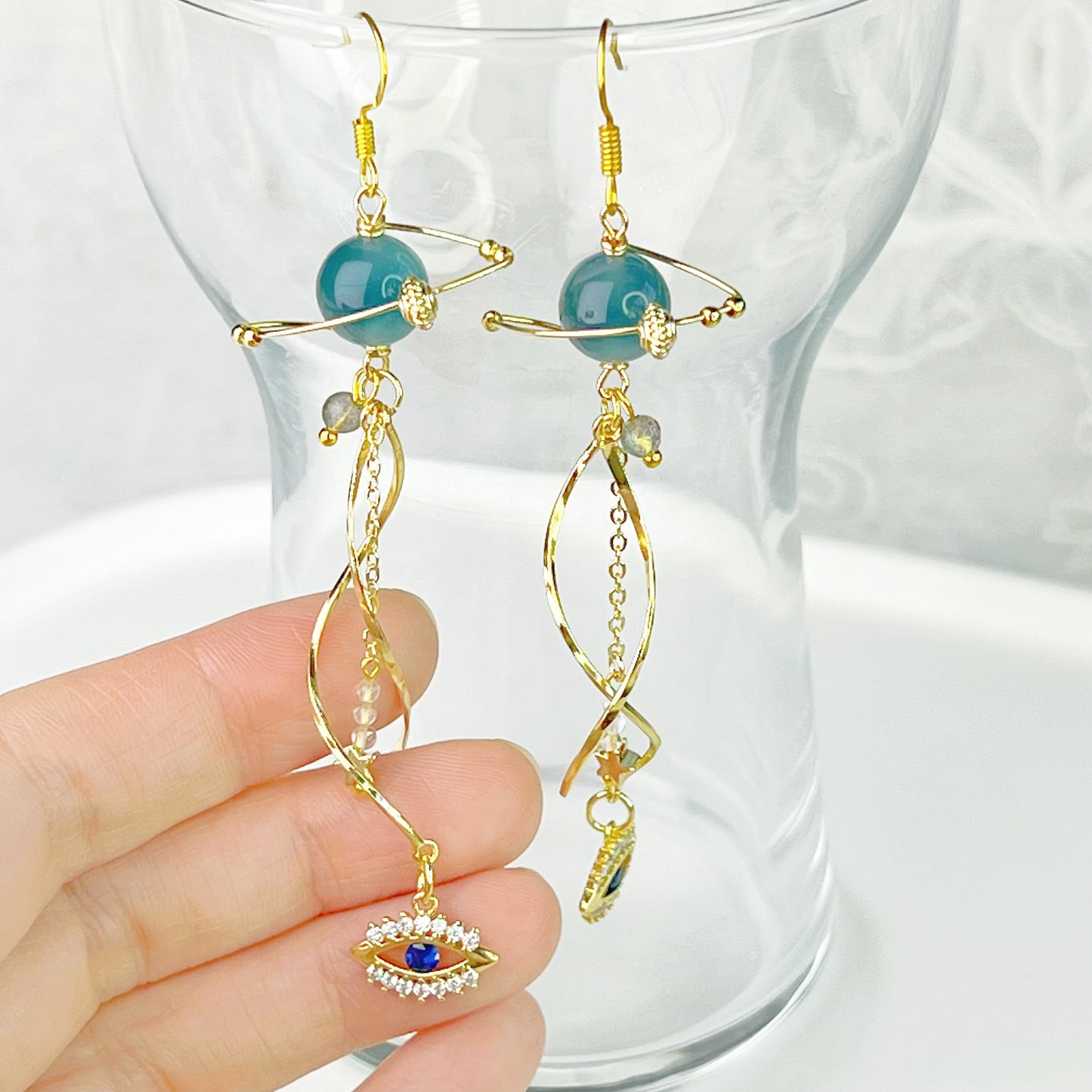 Blue Jadeite Stone Planet Evil Eye Earrings-Ninaouity