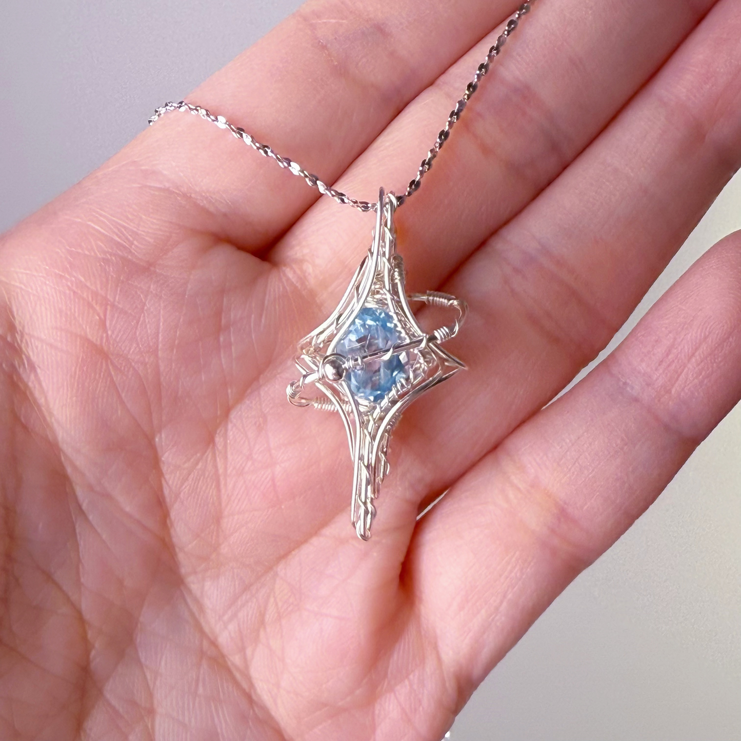 Silver Pole Star and Blue Topaz Wire Wrap Necklace-Ninaouity