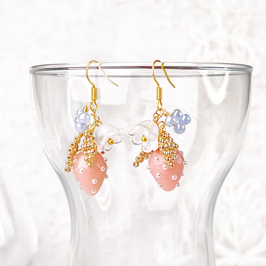 Handmade Pink Strawberry and Flower Earrings-Ninaouity