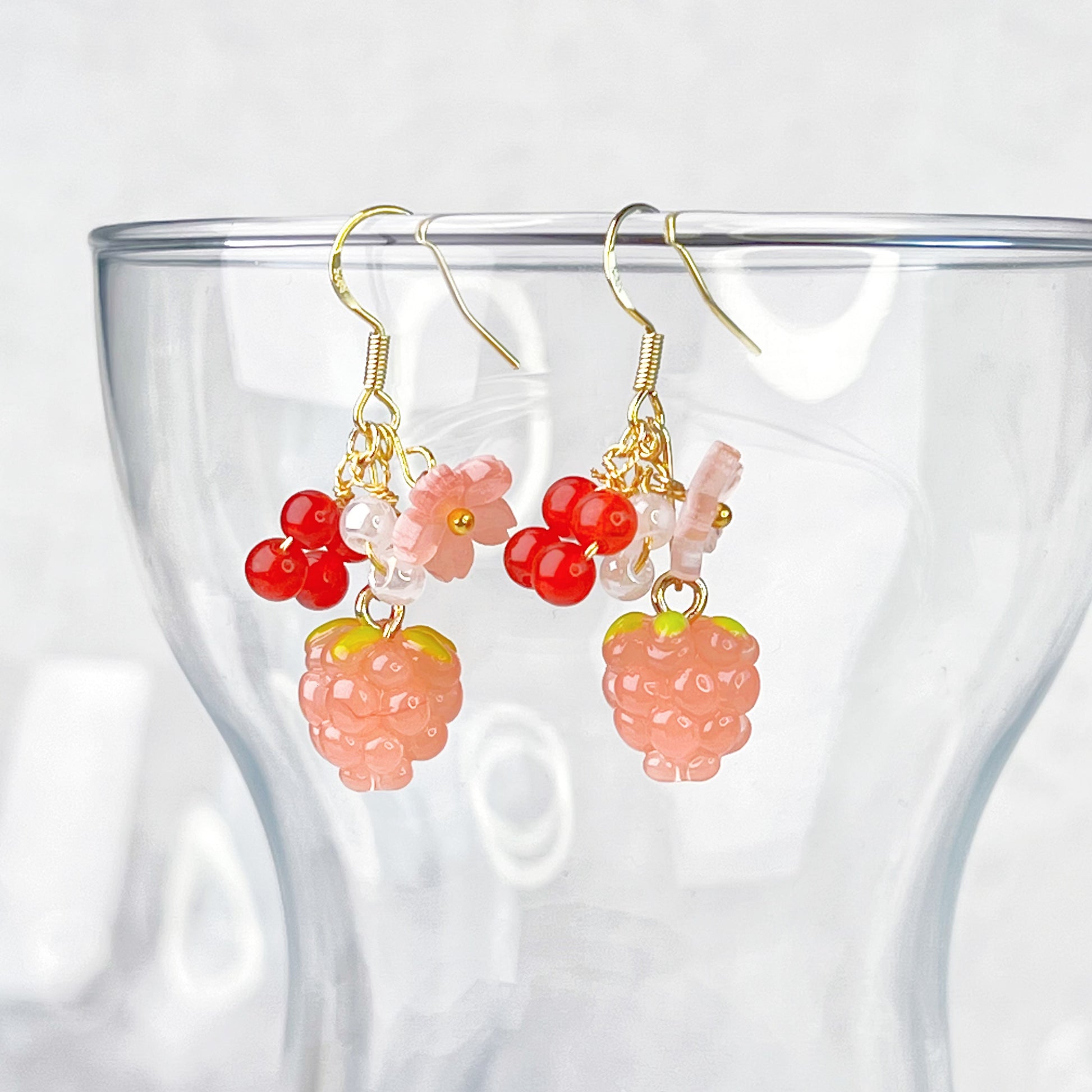 Handmade Pink Raspberry and Flowers Earrings-Ninaouity