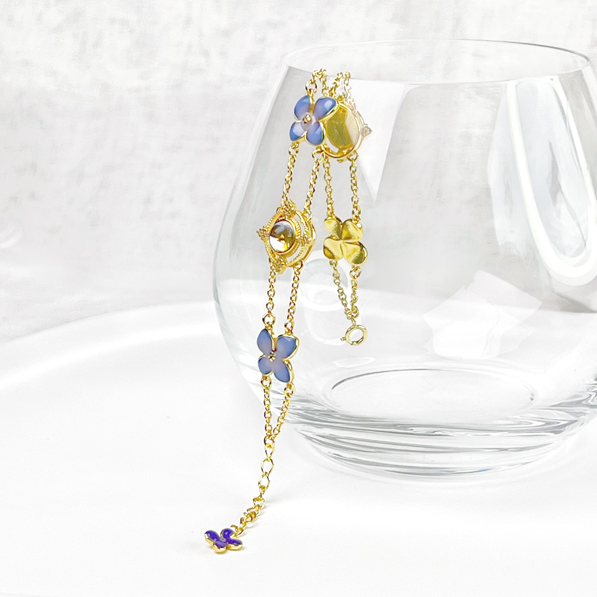 Blue Hydrangeas Flowers Gold Chain Bracelet-Ninaouity