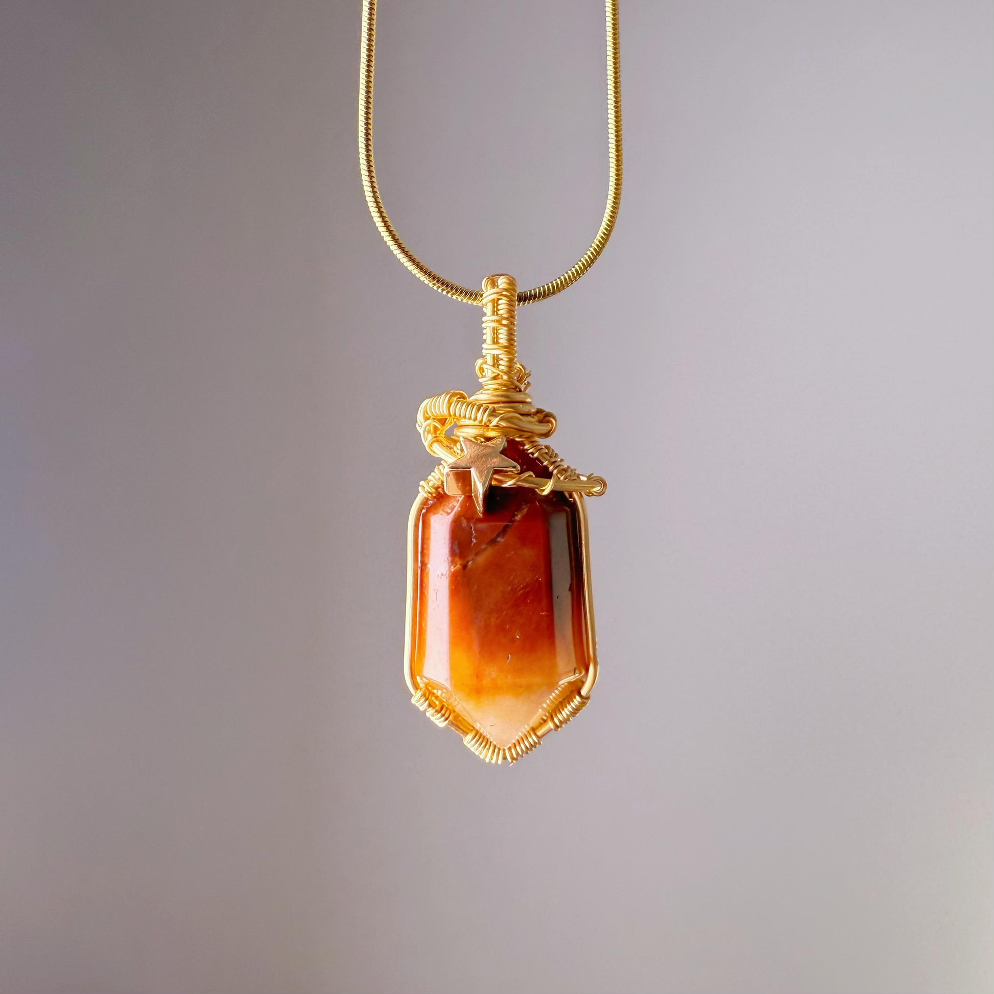 Handmade Natural Orange Rutilated Quartz Crystal Wire Wrapped Necklace-Ninaouity