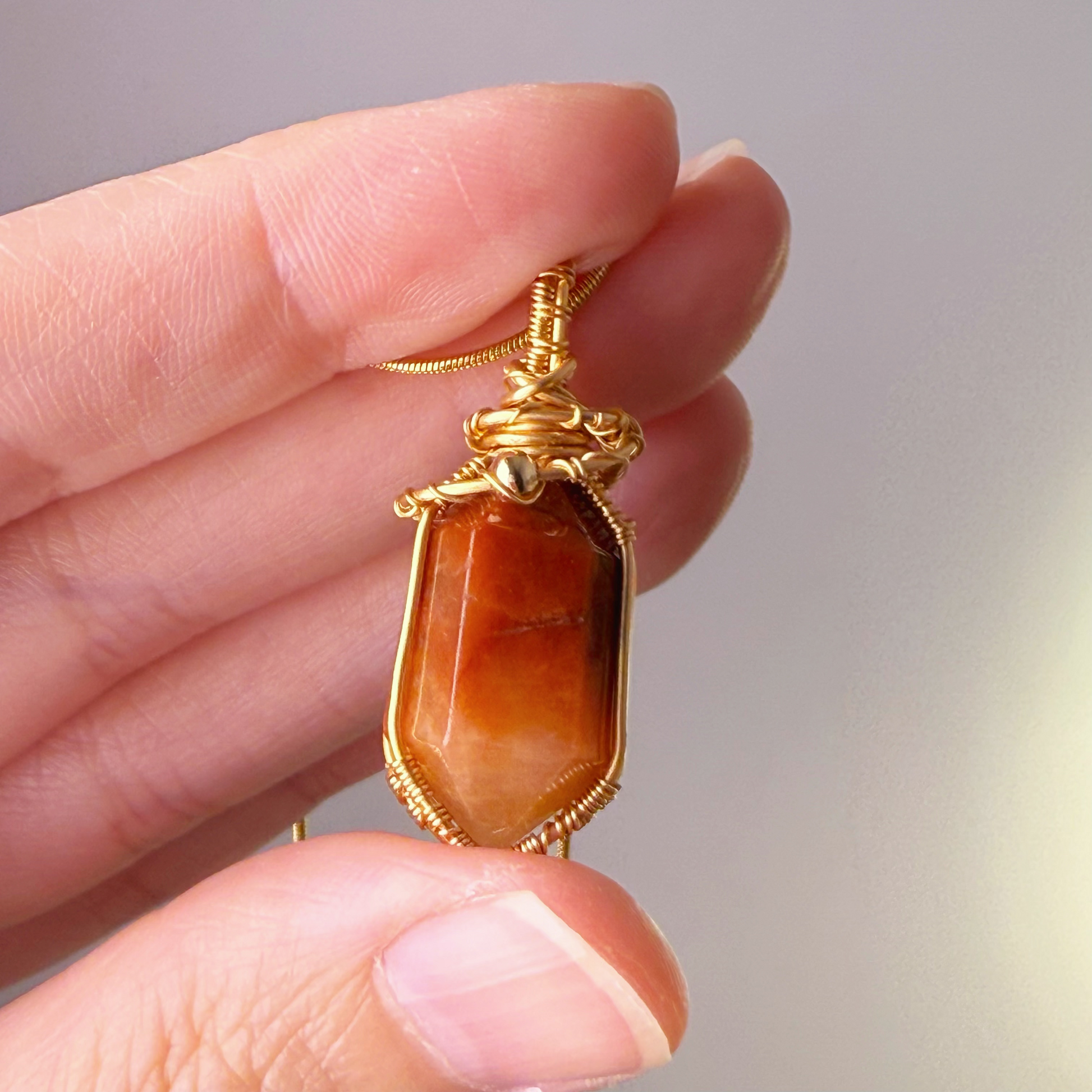 Handmade Natural Orange Rutilated Quartz Crystal Wire Wrapped Necklace-Ninaouity