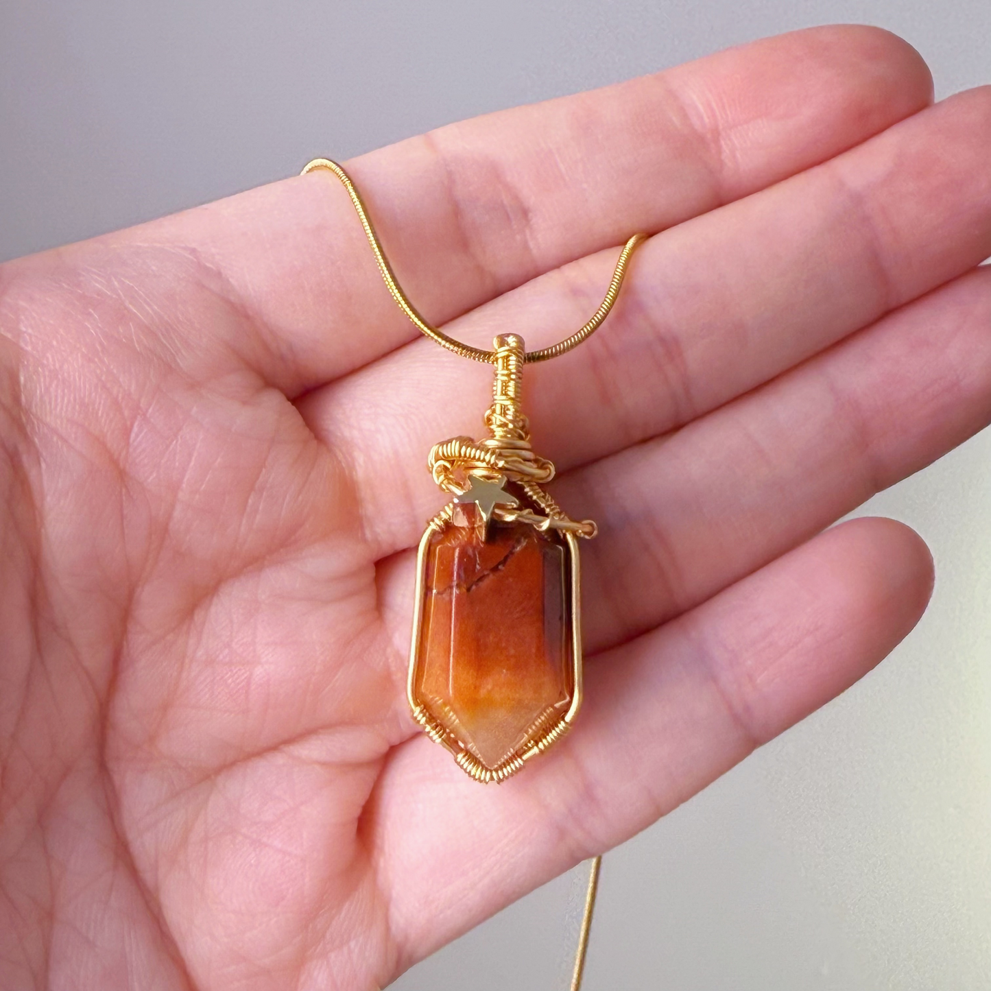 Handmade Natural Orange Rutilated Quartz Crystal Wire Wrapped Necklace-Ninaouity