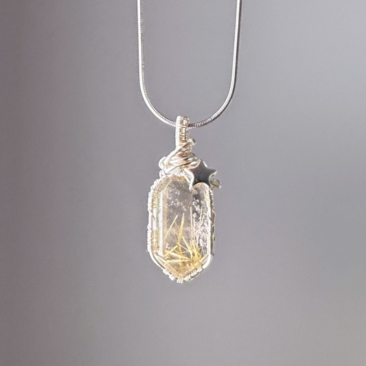 Handmade Natural Golden Rutilated Quartz Crystal Wire Wrapped Necklace