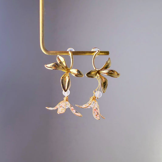 Handmade Four Petals Gold and Pressed Flower Earrings