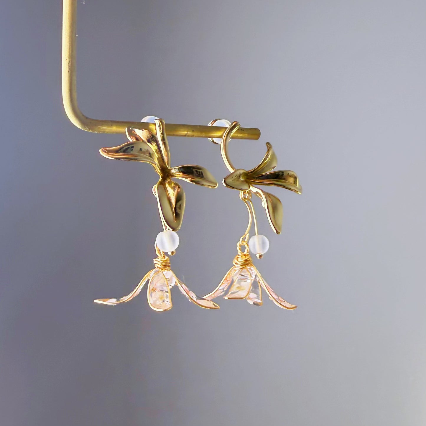 Handmade Four Petals Gold and Pressed Flower Earrings