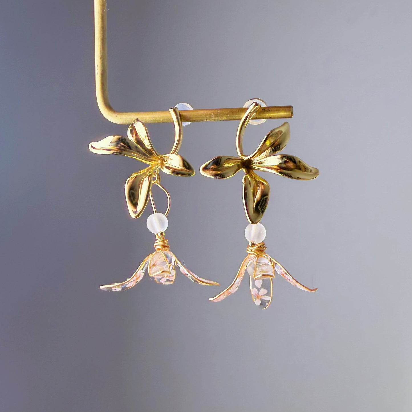 Handmade Four Petals Gold and Pressed Flower Earrings