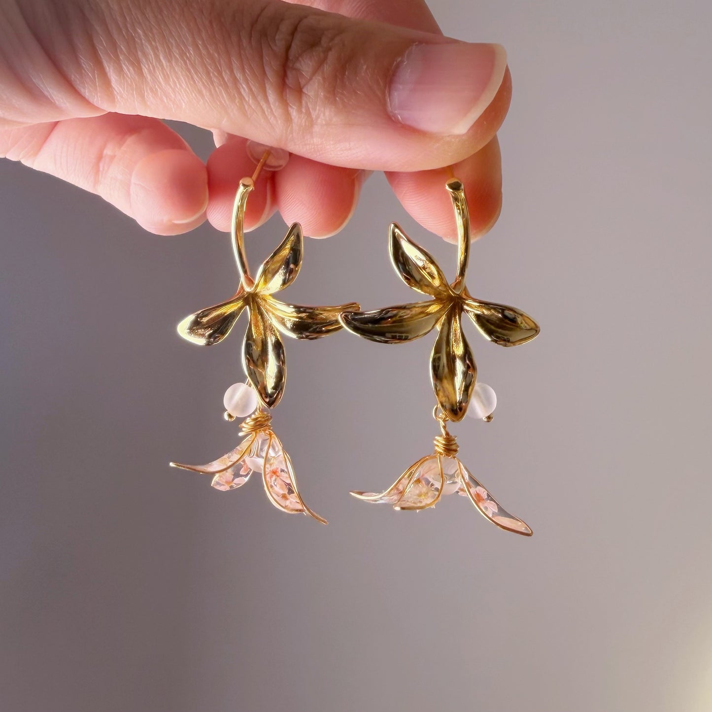 Handmade Four Petals Gold and Pressed Flower Earrings