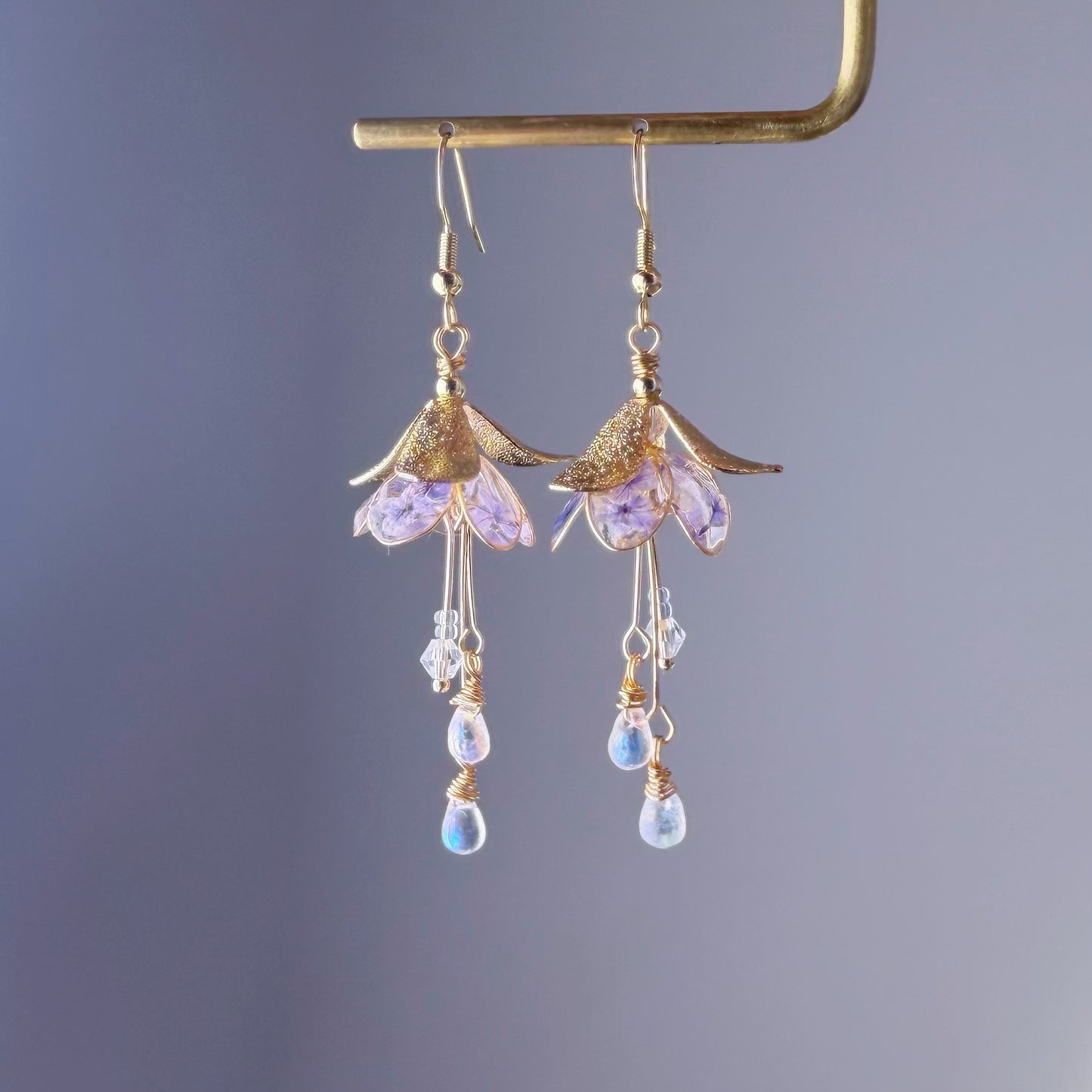 Handmade Blue Purple Pressed Flowers in Fuchsia Flower Earrings