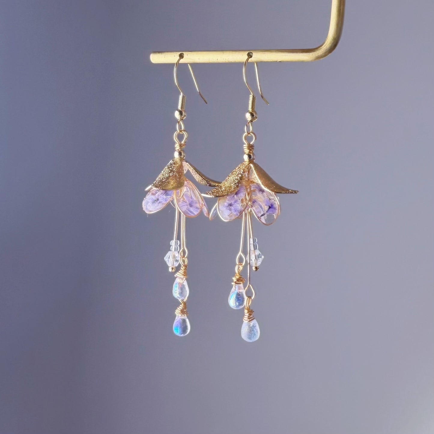 Handmade Blue Purple Pressed Flowers in Fuchsia Flower Earrings