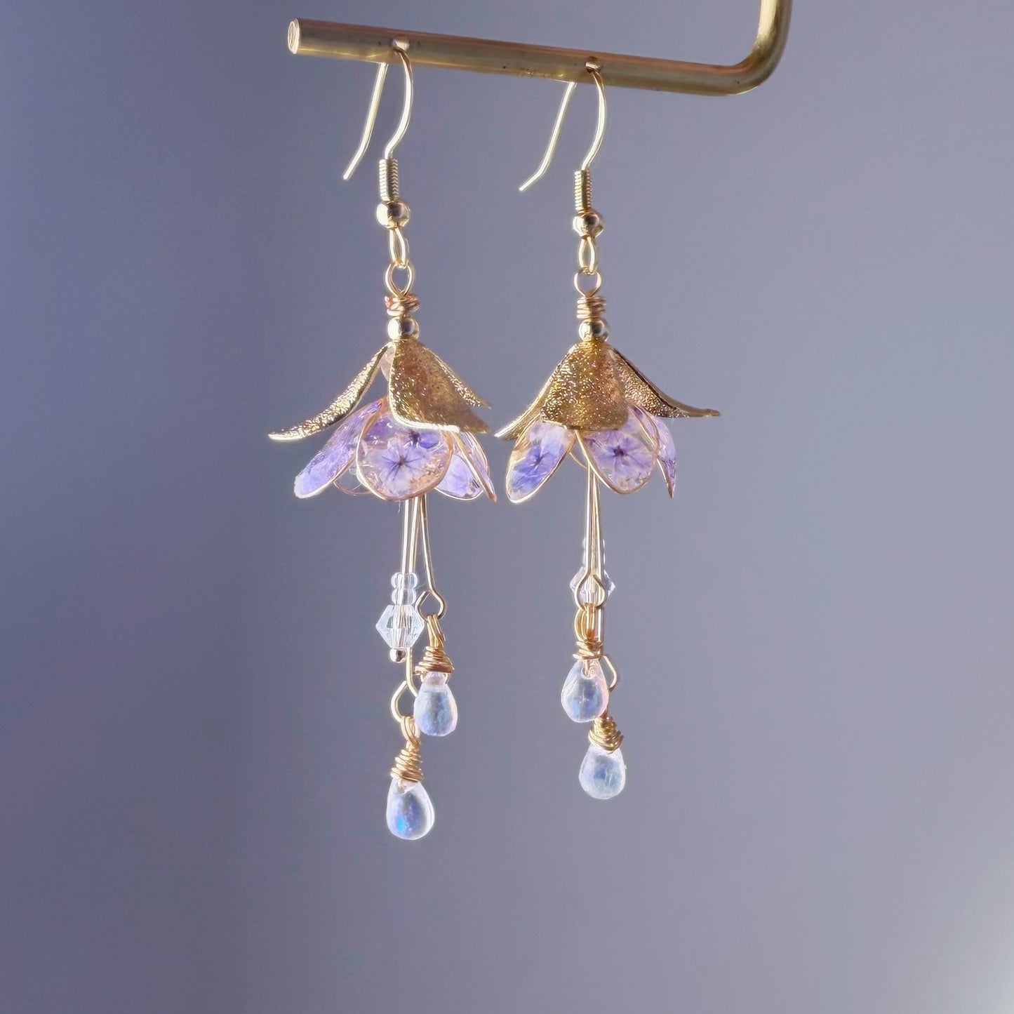 Handmade Blue Purple Pressed Flowers in Fuchsia Flower Earrings