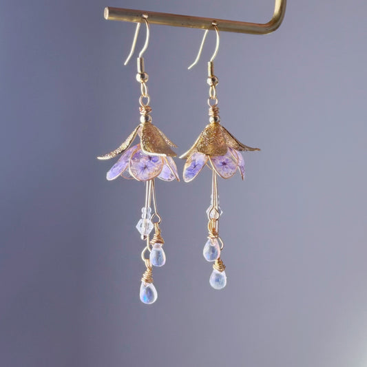 Handmade Blue Purple Pressed Flowers in Fuchsia Flower Earrings