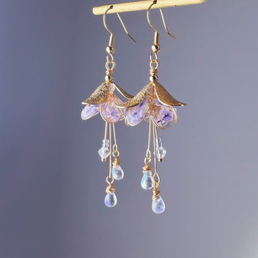 Handmade Blue Purple Pressed Flowers in Fuchsia Flower Earrings