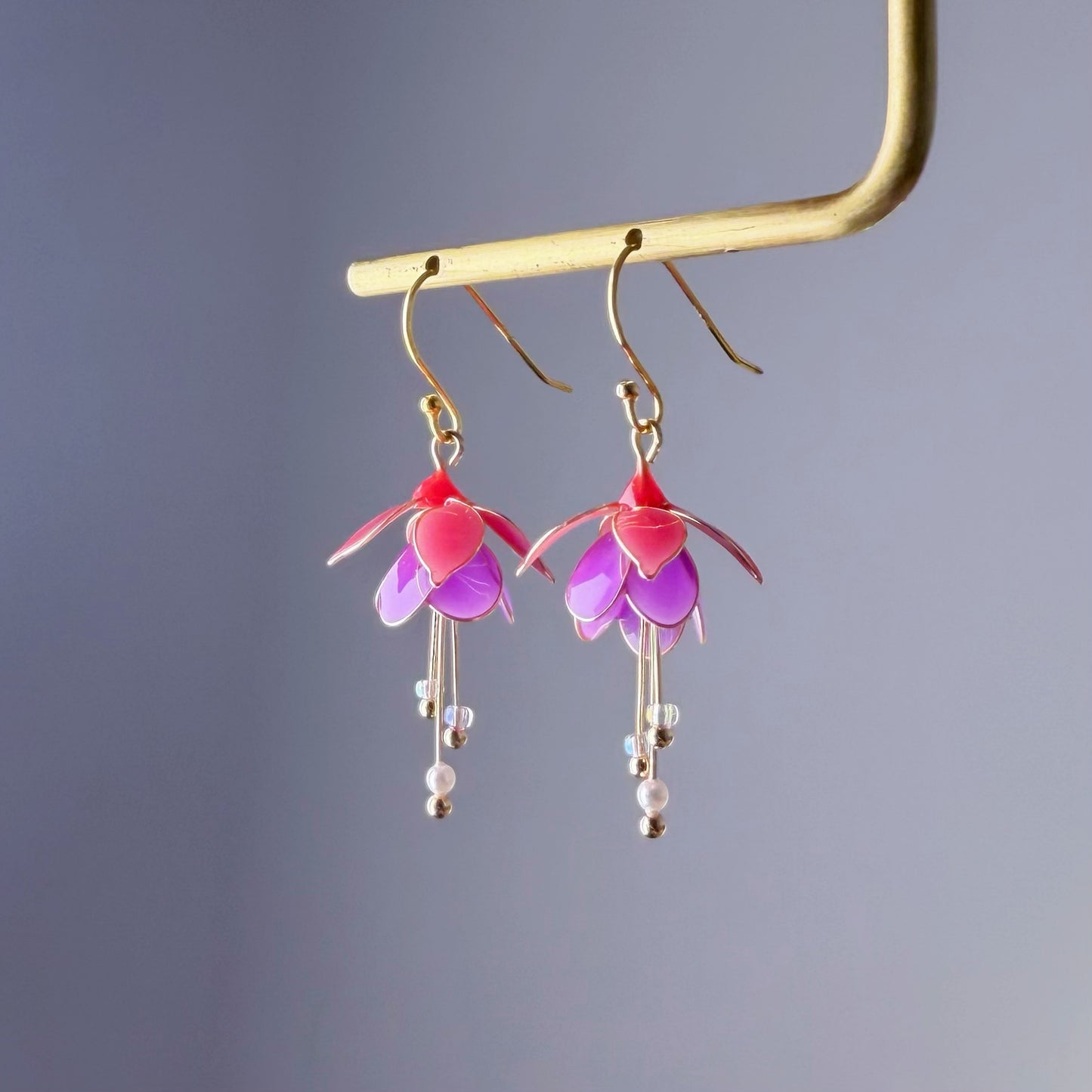 Handmade Red and Purple Fuchsia Mrs Popple Flower Earrings