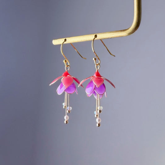 Handmade Red and Purple Fuchsia Mrs Popple Flower Earrings