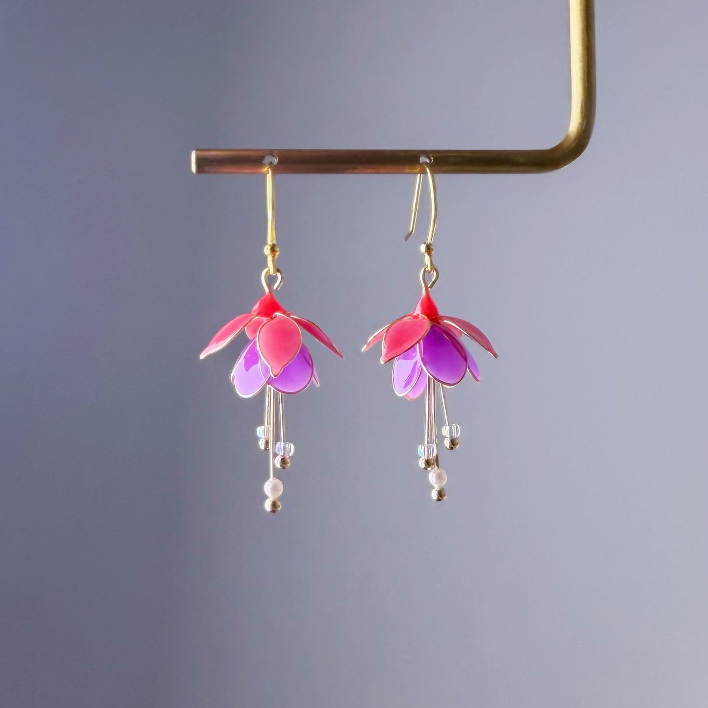 Handmade Red and Purple Fuchsia Mrs Popple Flower Earrings