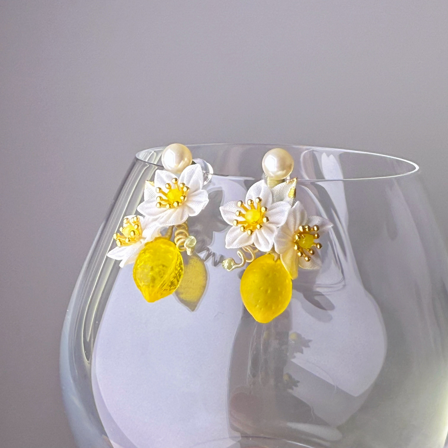 Small Lemon Tree and Fabric Flowers Earrings