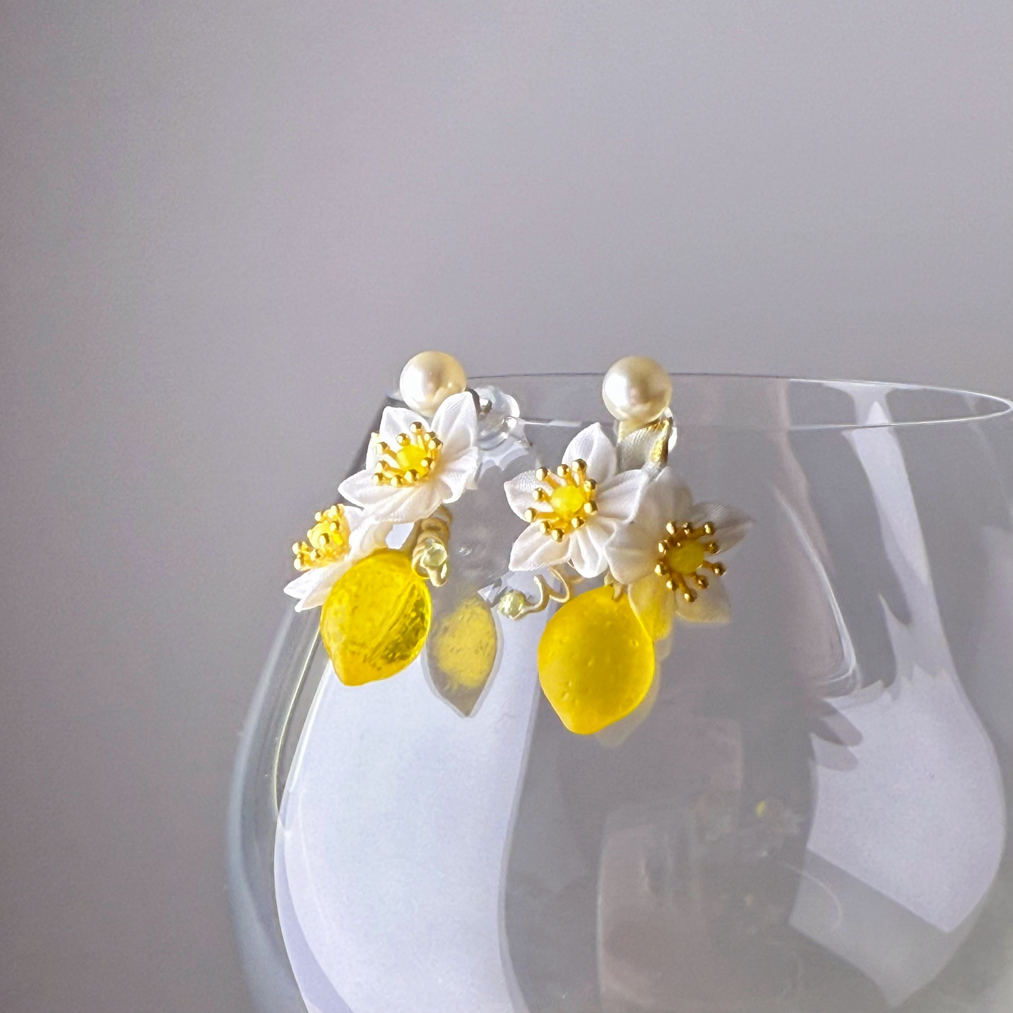 Small Lemon Tree and Fabric Flowers Earrings