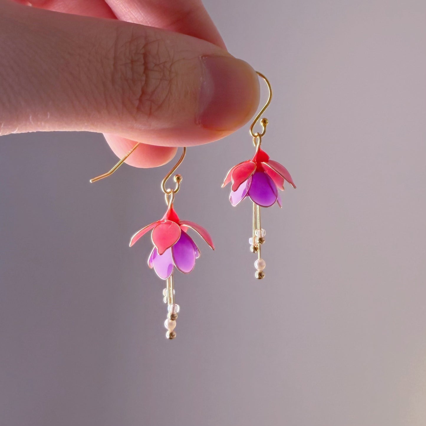 Handmade Red and Purple Fuchsia Mrs Popple Flower Earrings