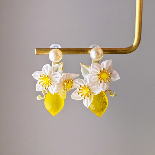 Small Lemon Tree and Fabric Flowers Earrings