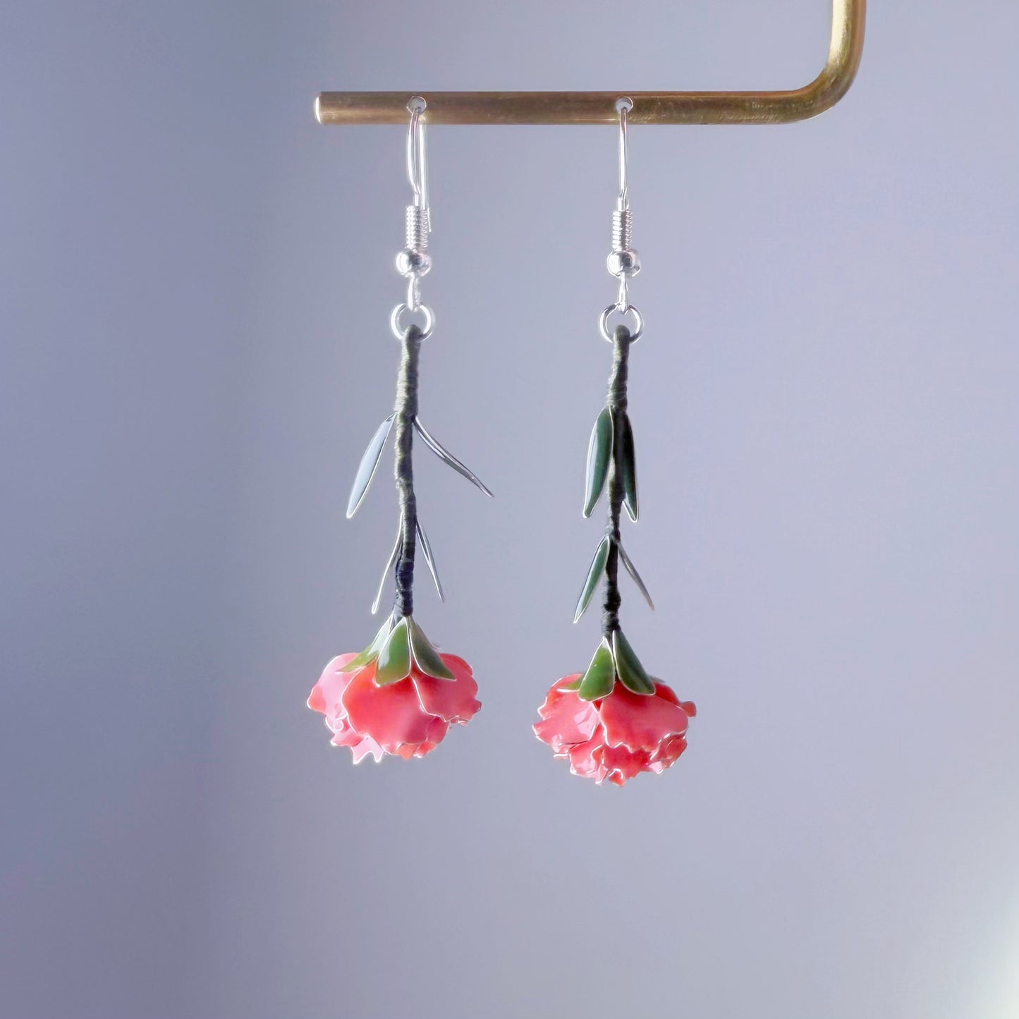 Handmade Pink Carnation Flower Drop Earrings