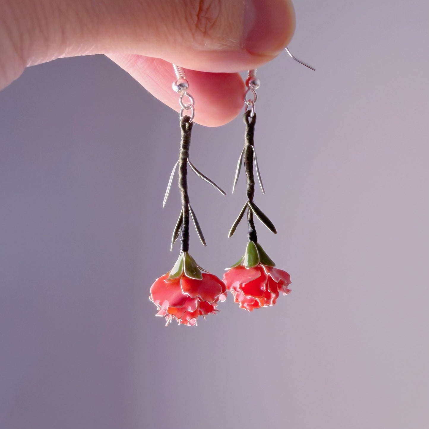 Handmade Pink Carnation Flower Drop Earrings